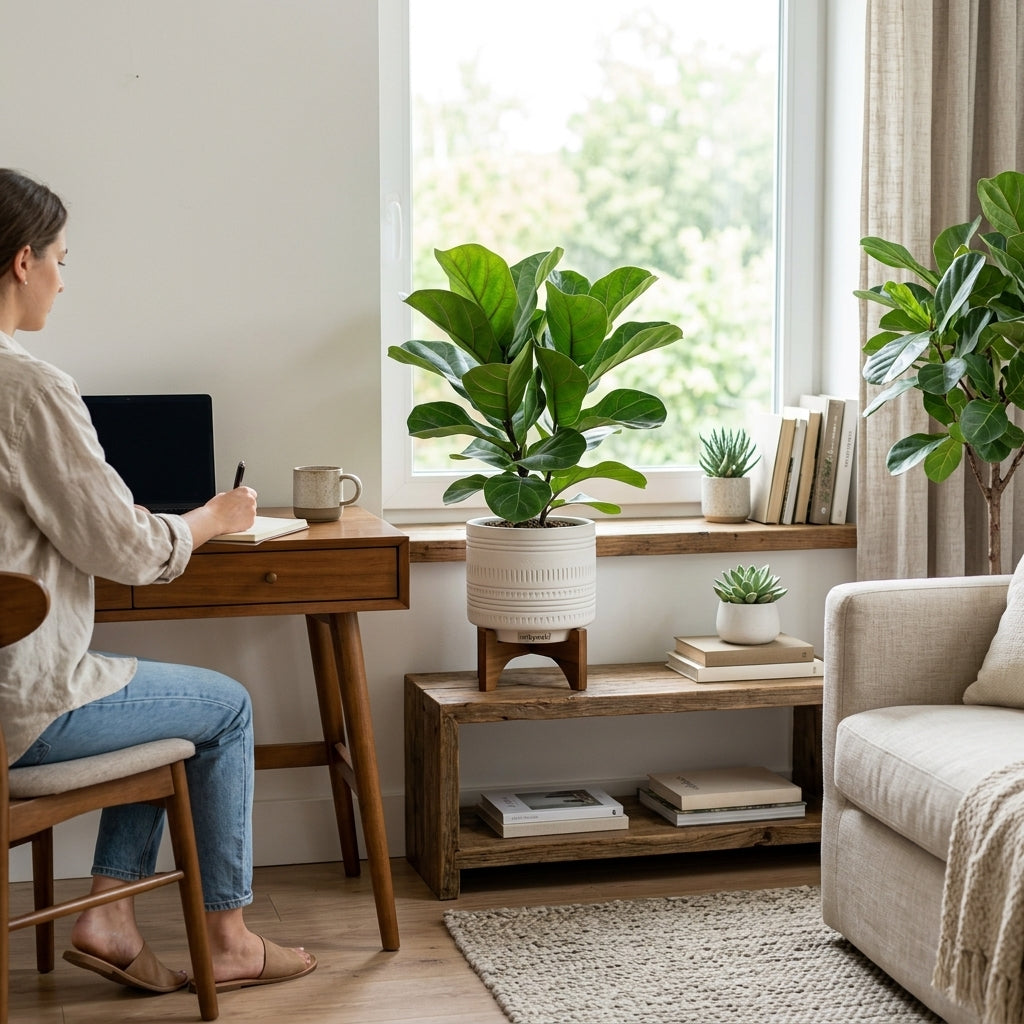 mikywah Mid-Century Ceramic Planter with Elevated Wooden Stand – White Textured Indoor Flower Pot for Fiddle Leaf Fig & Snake Plants