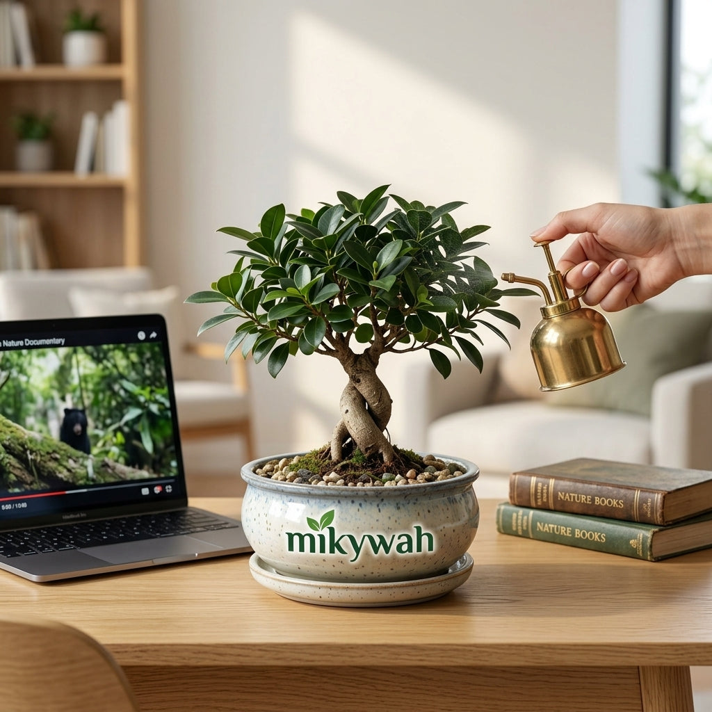 mikywah Round Glazed Ceramic Bonsai Pot with Matching Drainage Saucer – Shallow Speckled Planter Bowl for Ficus, Succulents & Indoor Trees (Pot Only)