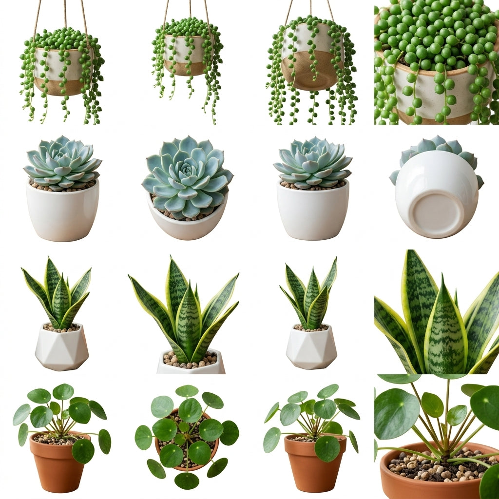 mikywah Modern Ceramic & Terracotta Plant Pot Set of 4 – Hanging String-of-Pearls Pot & Geometric Desktop Planters for Home & Office