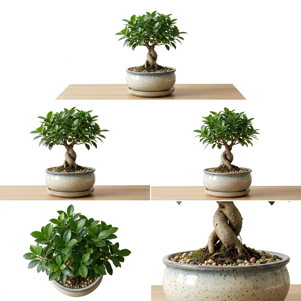 mikywah Round Glazed Ceramic Bonsai Pot with Matching Drainage Saucer – Shallow Speckled Planter Bowl for Ficus, Succulents & Indoor Trees (Pot Only)