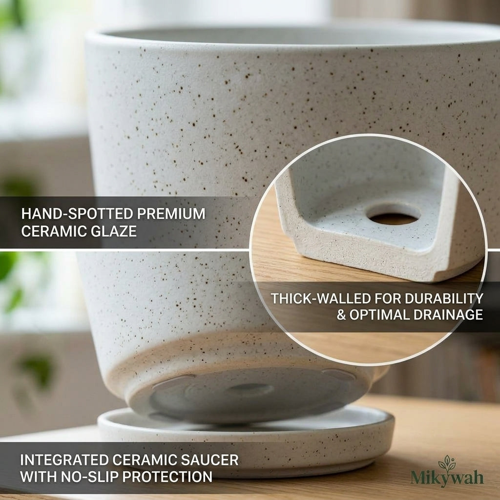 mikywah Modern Speckled White Ceramic Planter with Matching Drip Tray – 5.5 Inch Decorative Desktop Flower Pot for Home & Office
