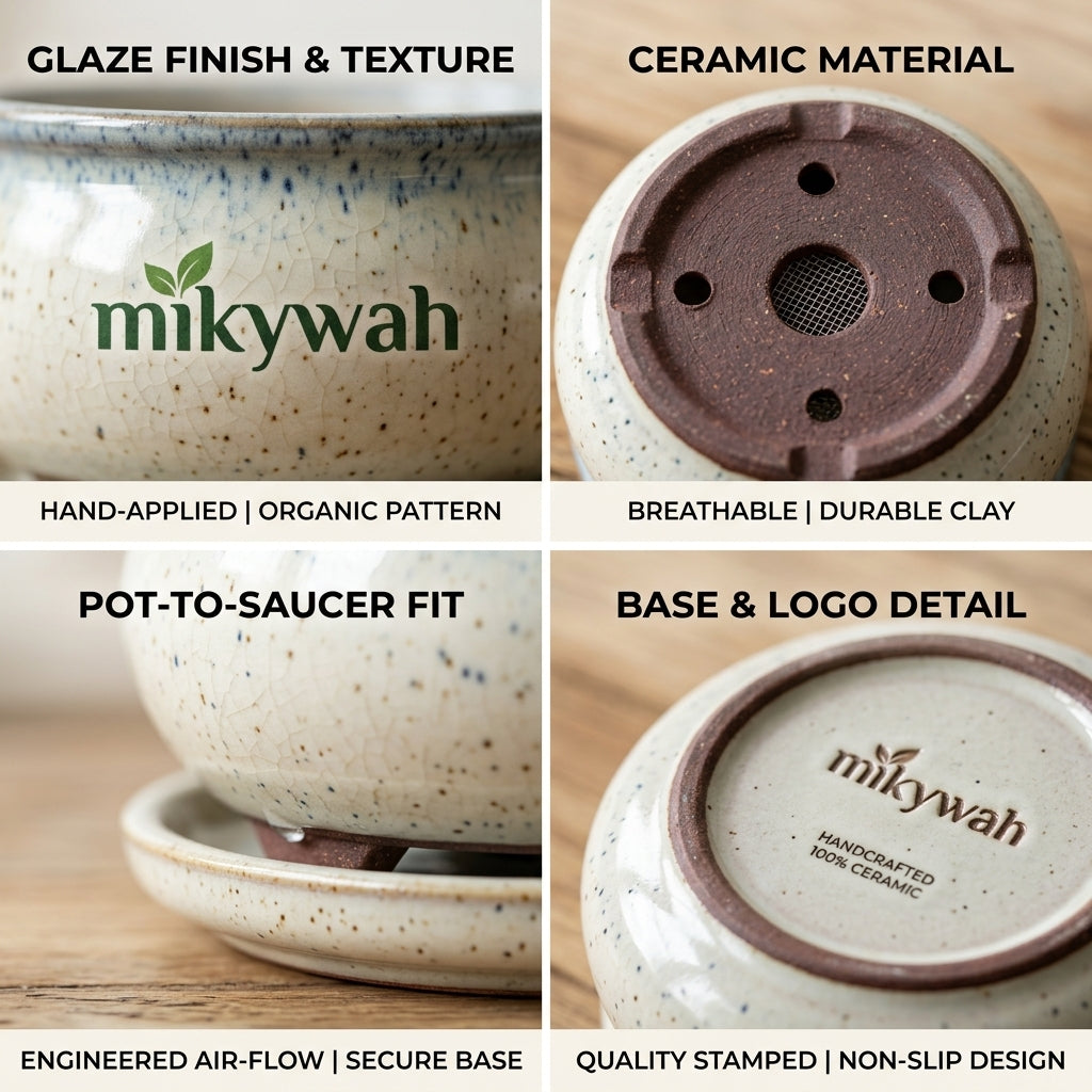 mikywah Round Glazed Ceramic Bonsai Pot with Matching Drainage Saucer – Shallow Speckled Planter Bowl for Ficus, Succulents & Indoor Trees (Pot Only)