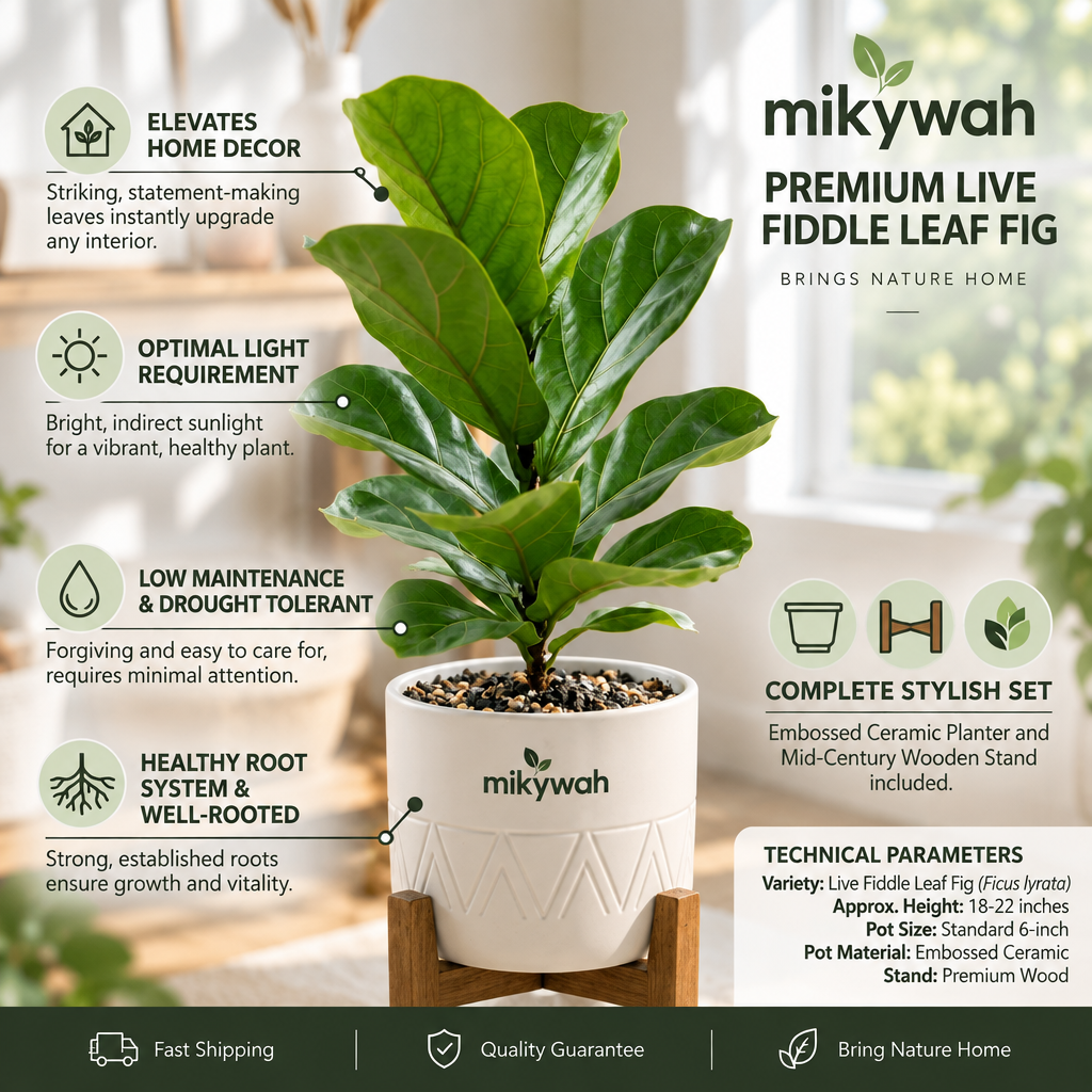 mikywah Mid-Century White Ceramic Planter with Elevated Wooden Stand – Geometric Chevron Flower Pot for Fiddle Leaf Fig & Snake Plants