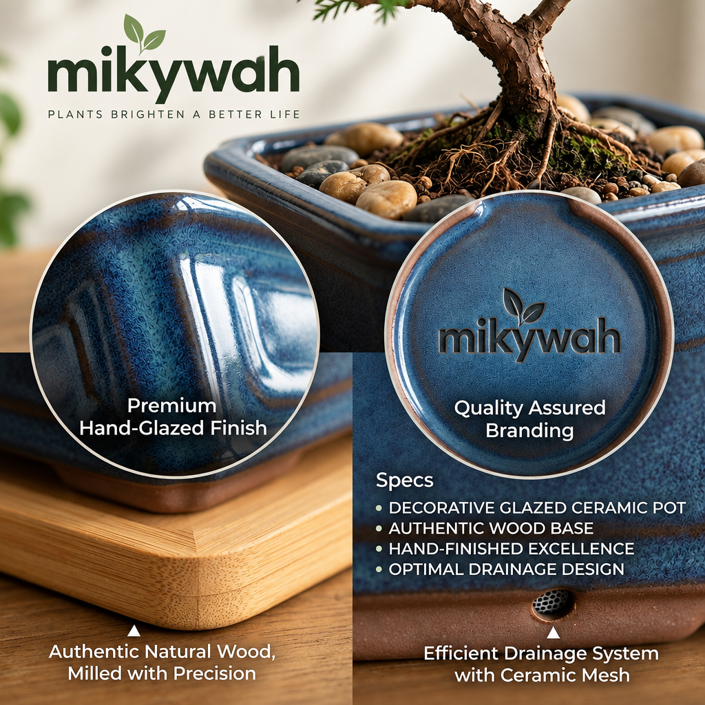 mikywah Ceramic Bonsai Planter Pot with Drainage Holes & Drip Saucer – Heavy-Duty Glazed Oval Plant Container for Ficus & Juniper (Plant Not Included)