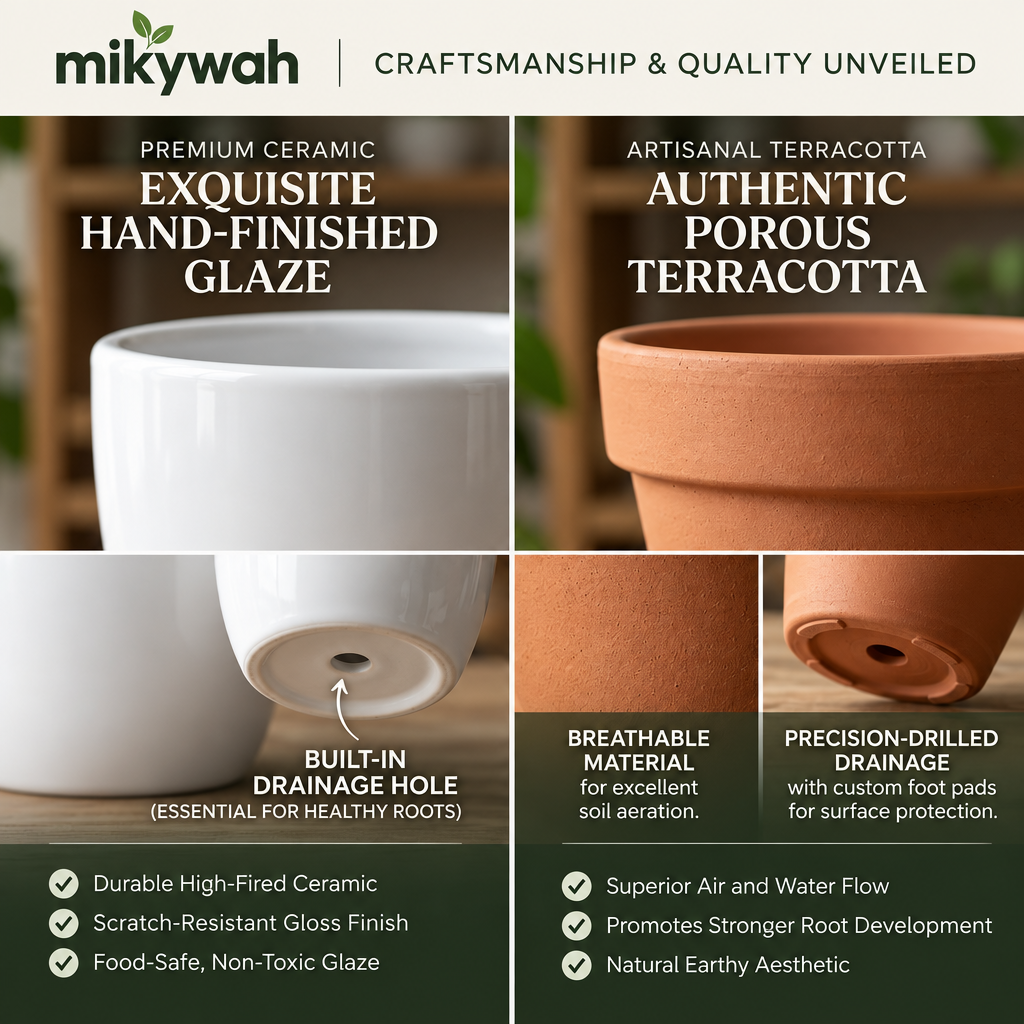 mikywah Modern Ceramic & Terracotta Plant Pot Set of 4 – Hanging String-of-Pearls Pot & Geometric Desktop Planters for Home & Office