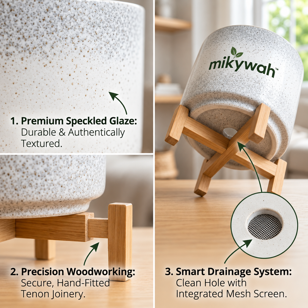 mikywah Speckled Ceramic Planter Pot with Elevated Wood Stand – Indoor Plant Container with Drainage Hole for Succulents & Houseplants (Plant Not Included)