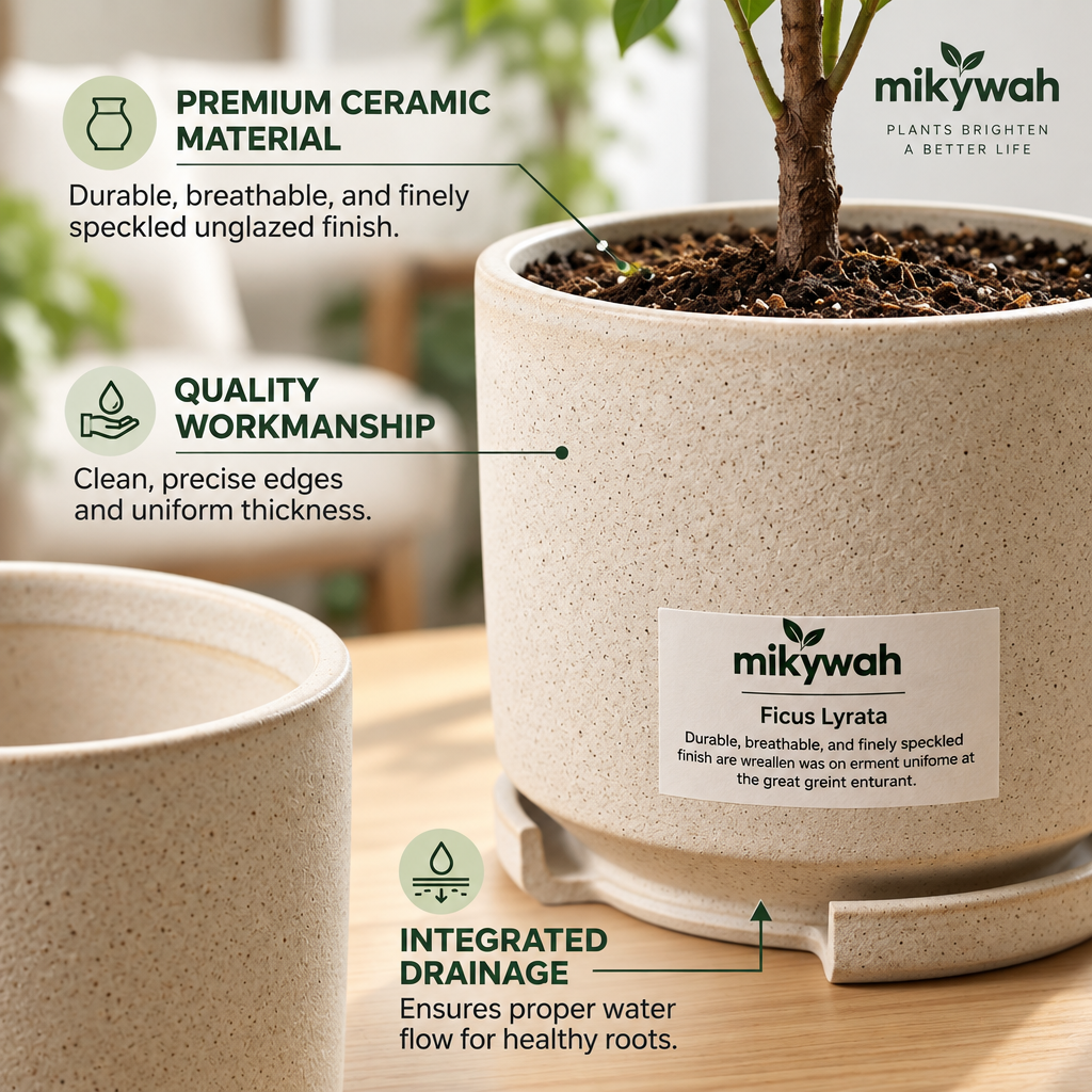 mikywah Modern Sandstone Textured Ceramic Planter – 5.5 Inch Cylinder Flower Pot with Matching Water Tray for Home & Office Decor