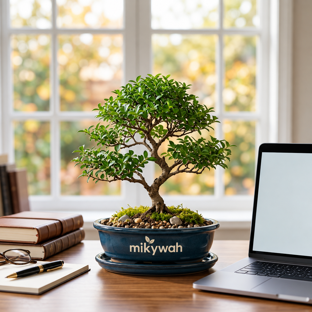 mikywah Ceramic Bonsai Planter Pot with Drainage Holes & Drip Saucer – Heavy-Duty Glazed Oval Plant Container for Ficus & Juniper (Plant Not Included)