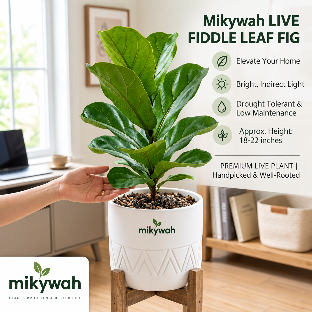 mikywah Mid-Century White Ceramic Planter with Elevated Wooden Stand – Geometric Chevron Flower Pot for Fiddle Leaf Fig & Snake Plants