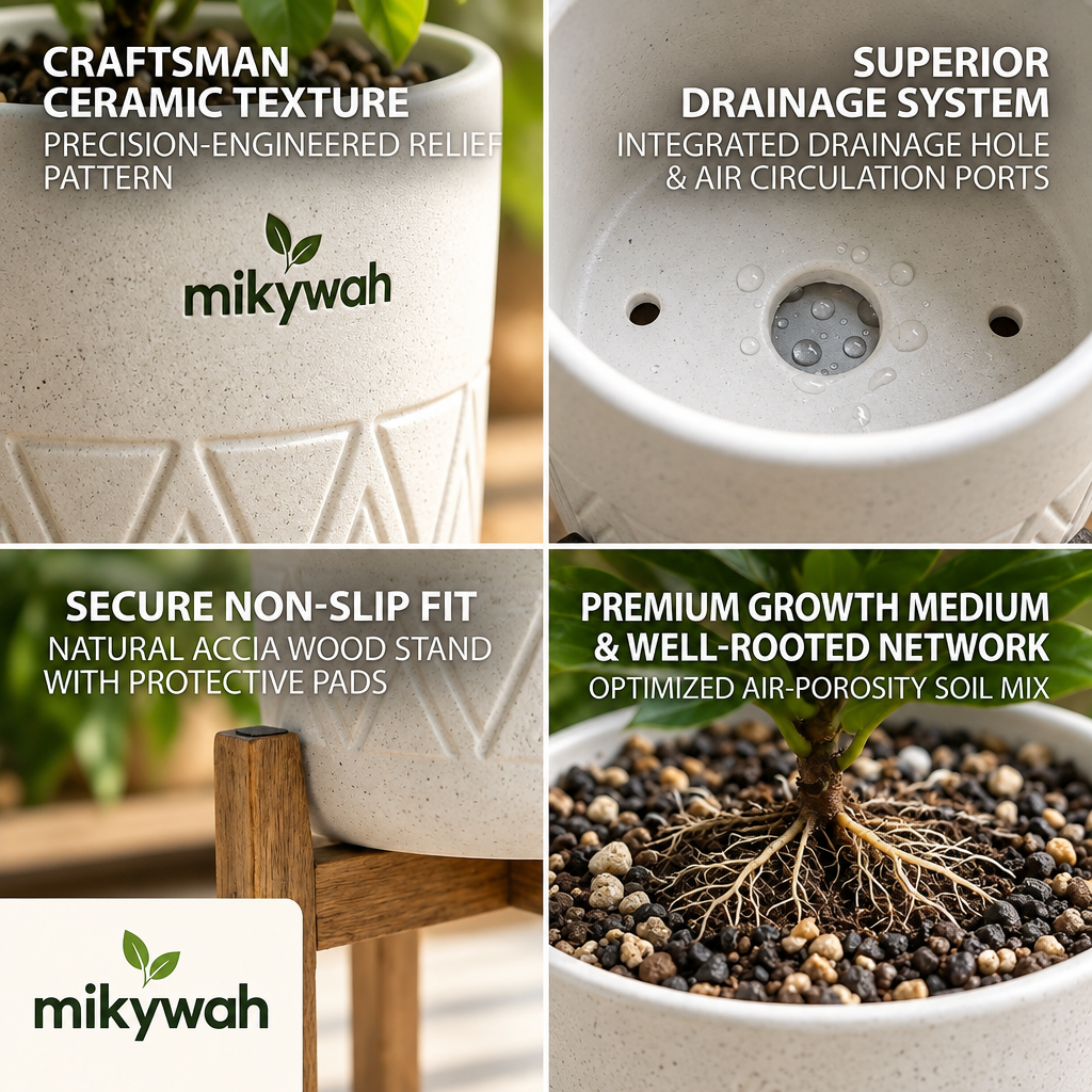 mikywah Mid-Century White Ceramic Planter with Elevated Wooden Stand – Geometric Chevron Flower Pot for Fiddle Leaf Fig & Snake Plants