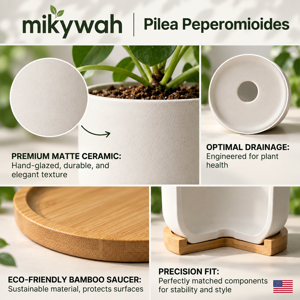 mikywah White Cylinder Ceramic Planter Pot with Drainage Hole & Bamboo Coaster – Decorative Tabletop Plant Pot for Home & Office (Plant Not Included)