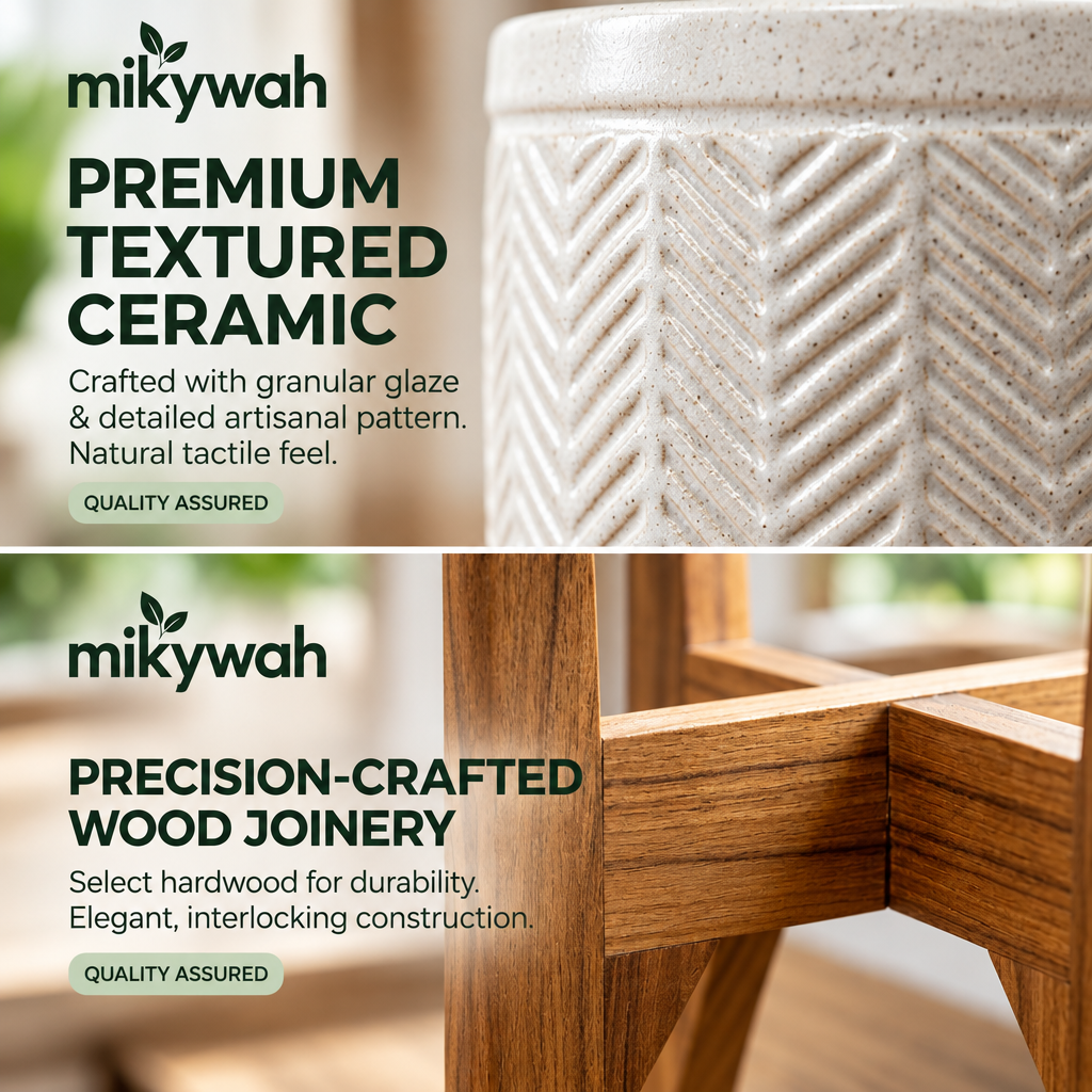 mikywah Mid-Century Ceramic Planter with Elevated Wooden Stand – White Textured Indoor Flower Pot for Fiddle Leaf Fig & Snake Plants