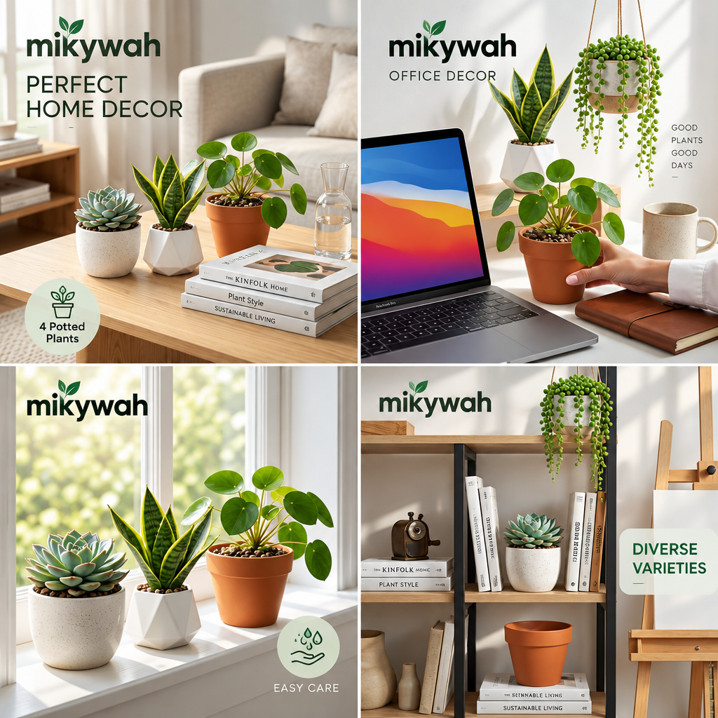 mikywah Modern Ceramic & Terracotta Plant Pot Set of 4 – Hanging String-of-Pearls Pot & Geometric Desktop Planters for Home & Office