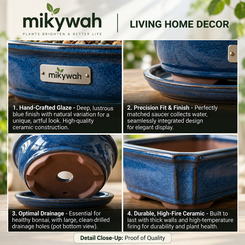mikywah Traditional Dark Blue Glazed Ceramic Bonsai Training Pot with Natural Bamboo Saucer – Shallow Desktop Planter Container