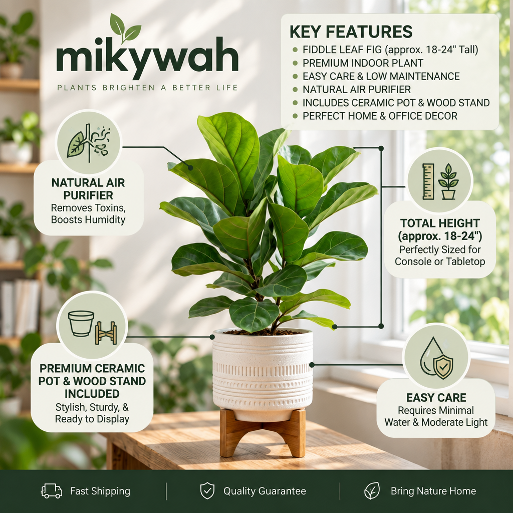 mikywah Mid-Century Ceramic Planter with Elevated Wooden Stand – White Textured Indoor Flower Pot for Fiddle Leaf Fig & Snake Plants