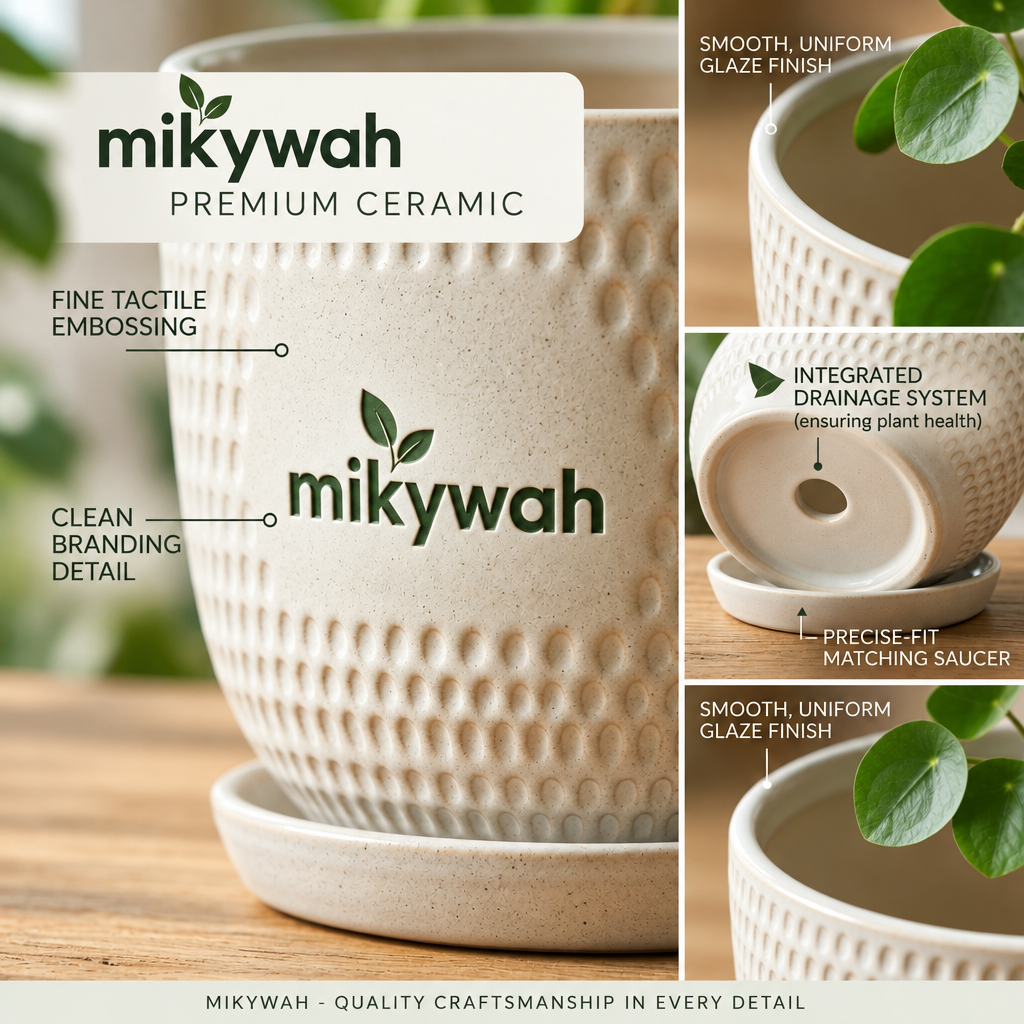 mikywah Modern White Textured Ceramic Planter with Matching Drip Tray – 5 Inch Decorative Flower Pot for Desktop, Table & Windowsill