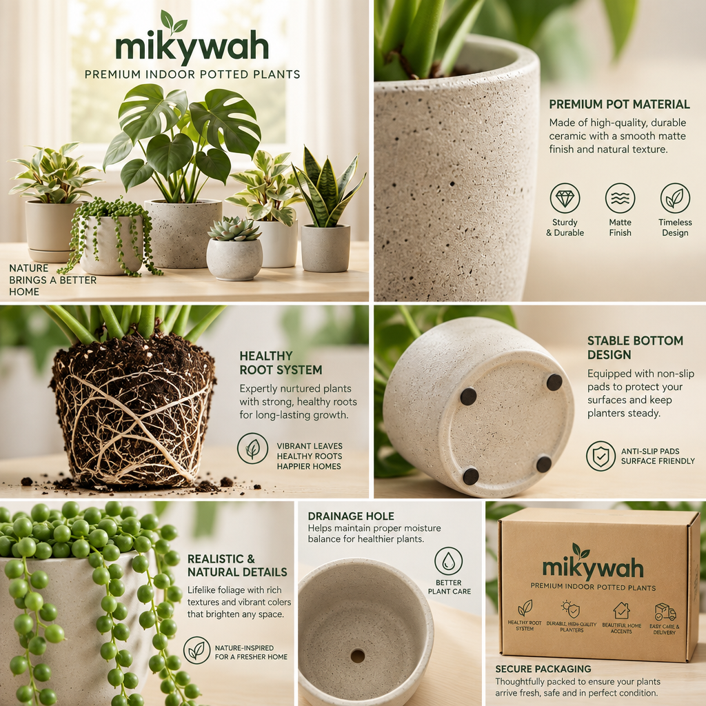mikywah Modern Ceramic Plant Pots with Drainage Hole & Saucer – Minimalist Matte Indoor Planters for Succulents, Snake Plants & Houseplants