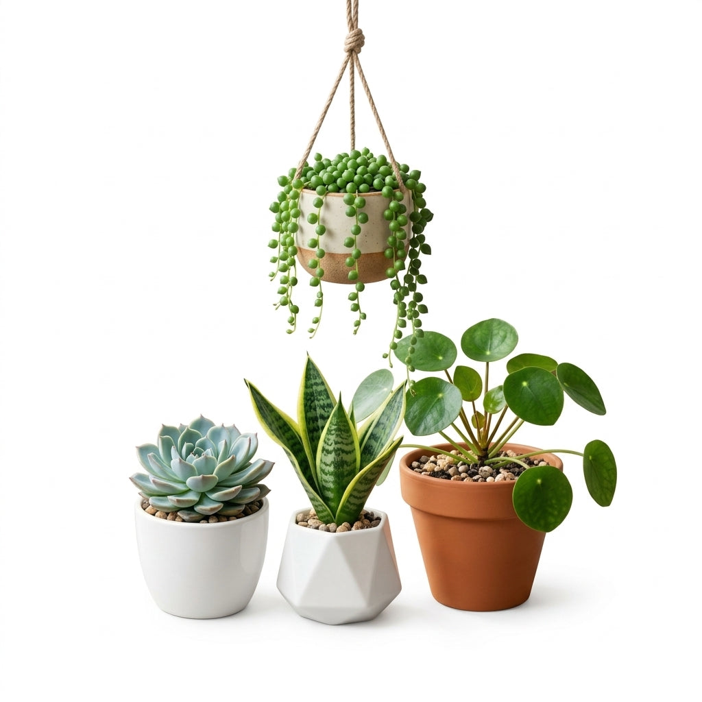 mikywah Modern Ceramic & Terracotta Plant Pot Set of 4 – Hanging String-of-Pearls Pot & Geometric Desktop Planters for Home & Office