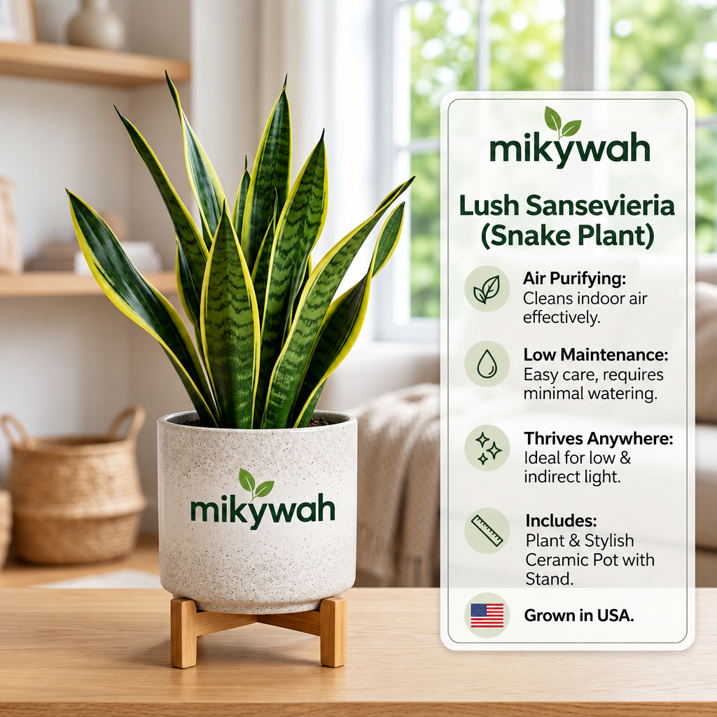 mikywah Speckled Ceramic Planter Pot with Elevated Wood Stand – Indoor Plant Container with Drainage Hole for Succulents & Houseplants (Plant Not Included)