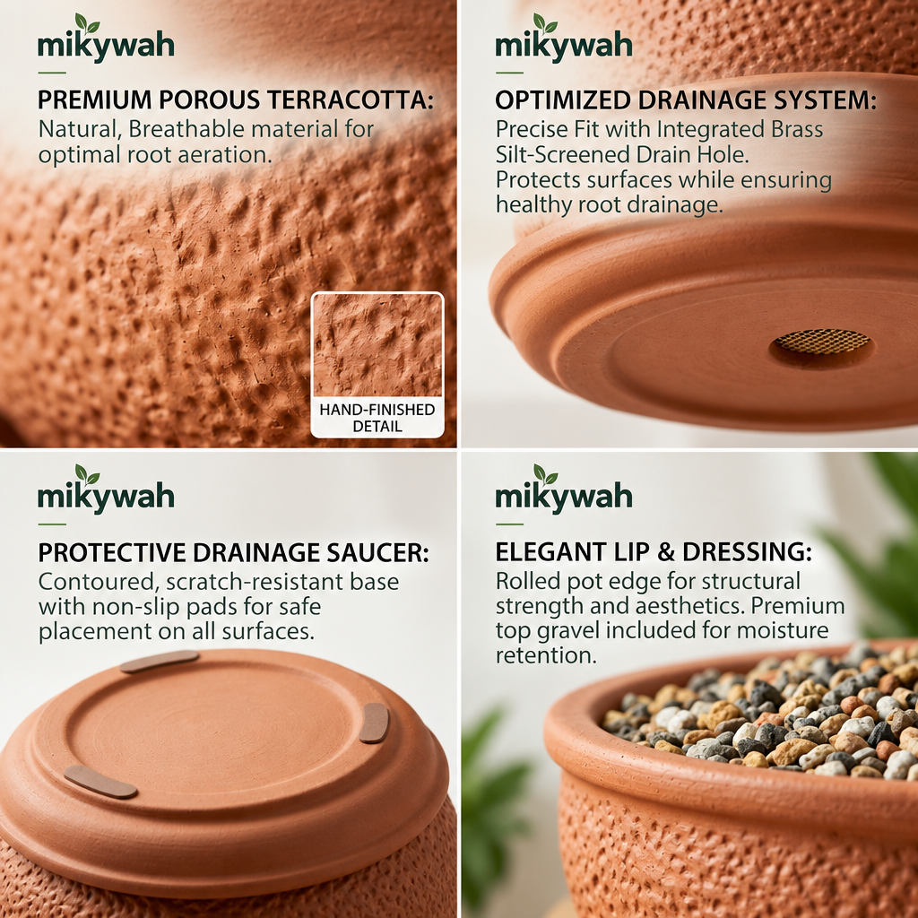 mikywah Round Terracotta Bonsai Pot with Drainage Tray – Textured Ceramic Shallow Planter Bowl for Succulents, Cactus & Indoor Plants