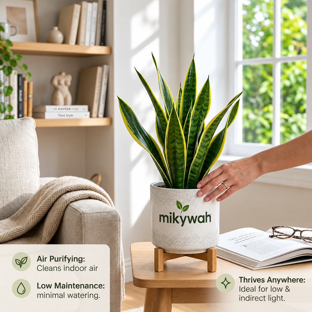 mikywah Speckled Ceramic Planter Pot with Elevated Wood Stand – Indoor Plant Container with Drainage Hole for Succulents & Houseplants (Plant Not Included)