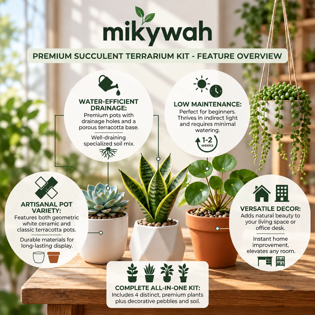 mikywah Modern Ceramic & Terracotta Plant Pot Set of 4 – Hanging String-of-Pearls Pot & Geometric Desktop Planters for Home & Office